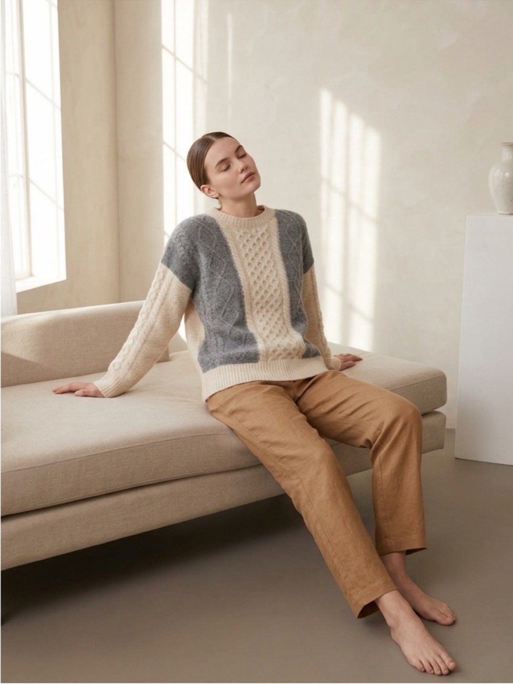 Joie Cable-Knit Colorblock Crew Sweater in Cream & Gray Sz XS NWT